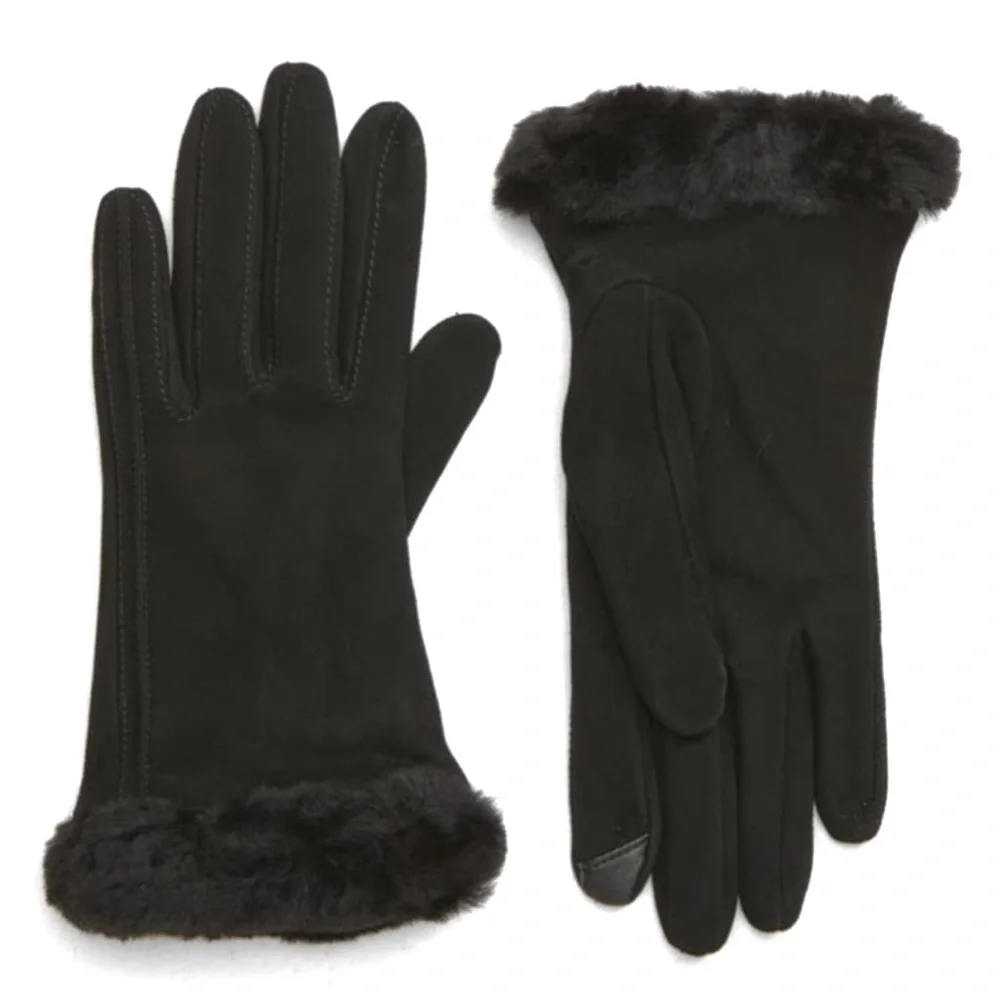 UGG Genuine Shearling Trim Suede Tech Tips Gloves NEW Black Size M Touchscreen